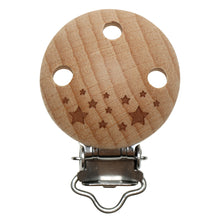 Ladda upp bild till gallerivisning, Hängselclips med säkerhetshål - rund med stjärnor - till rem för napphållare eller barnvagnsmobil